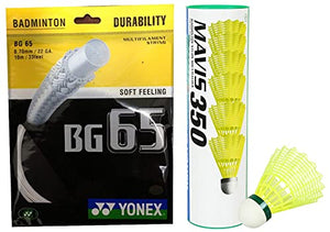 Yonex BG 65 Nylon Badminton String, Senior 0.70mm (White)+Yonex Mavis 350 Green Cap Nylon Shuttlecock (Yellow)