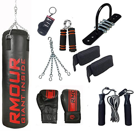 Image of IWIN RMOUR Combo Unfilled Heavy SRF PU Punching Bag with Hanging Chain, Boxing Gloves, Ceiling Hook, Hand Wraps, Skipping Rope, Boxing Chain Keyring and Hand Gripper (Black , 3 Feet)- 9 Piece