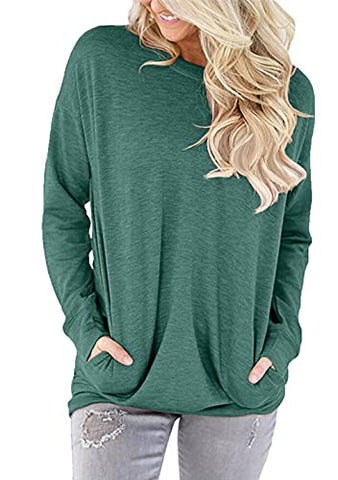Image of ONLYSHE Women Casual Loose Crewneck Sweatshirt with Pockets Long Sleeve Pullover Top Shirts Green XXL