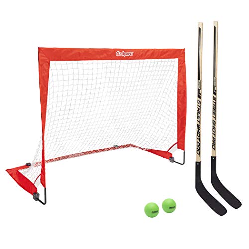 GoSports Hockey Street Set - Includes Pop-Up Goal and 2 Hockey Sticks with 2 Hockey Street Balls, Red