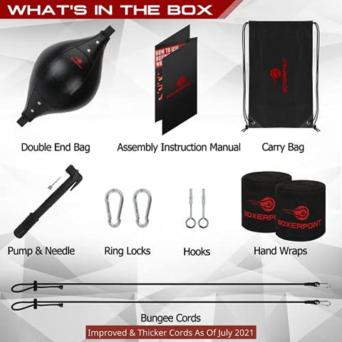 Image of BOXERPOINT Double End Bag Boxing Set - Double Ended Punching Ball - Speed Striking Reflex Kit with Fully Adjustable Cords - PU Leather Punch Bag with Hand Wraps, Complete Installation Kit & Carry Bag