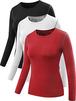 Neleus Women's 3 Pack Dry Fit Athletic Compression Long Sleeve T Shirt,Black,Red,White,Medium