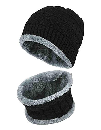 VT VIRTUE TRADERS Ultra Soft Unisex Woolen Beanie Cap Plus Muffler Scarf Set for Men Women Girl Boy - Warm, Snow Proof - 20 Degree Temperature (Black)