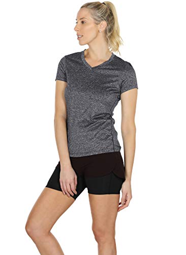 icyzone Workout Shirts Yoga Tops Activewear V-Neck T-Shirts for Women Running Fitness Sports Short Sleeve Tees (S, Charcoal/Red Bud/Pink)