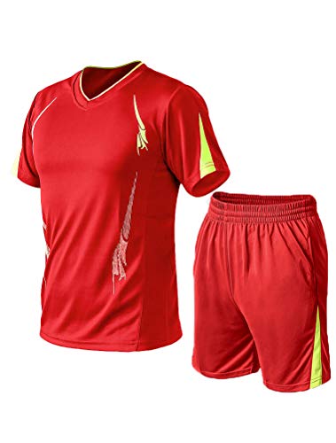 Lavnis Men's Casual Tracksuit Short Sleeve Running Jogging Athletic Sports T-Shirts and Shorts Suit Set Red S
