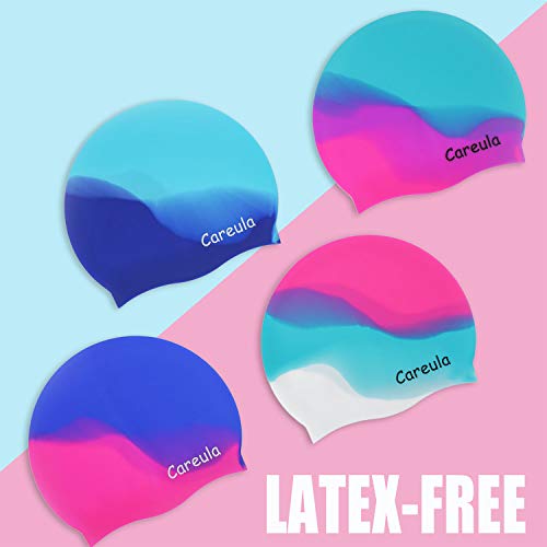 Swim Cap, 2 Pack Durable Silicone Swimming Caps for Kids Girls Boys Youths (Age 2-12), Soft 3D Ergonomic Waterproof Kids Swim Caps, Comfortable Fit for Long Hair and Short Hair