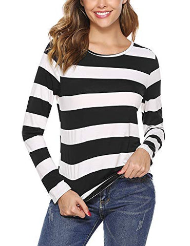 Image of iClosam Women Striped T-Shirt Long Sleeve Tee Shirt Blouse Pajamas Top Black