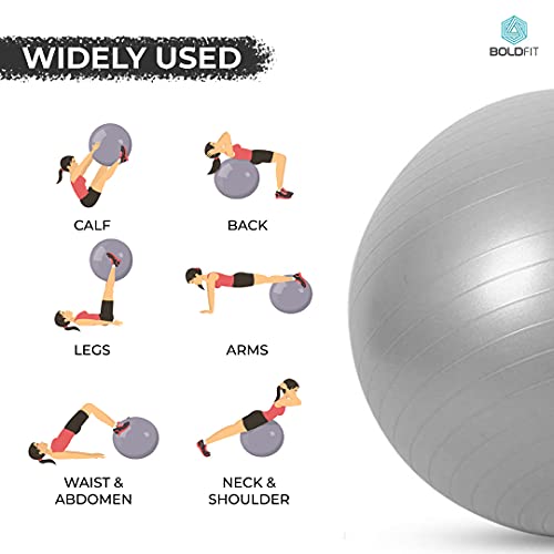 Boldfit Gym Ball for Exercise & Yoga with Pump, Anti Burst Swiss Birthing Ball for Workout & Fitness. Stability Ball for Men & Women. Exercise Ball Usable in Home & Gym - Gym Ball 65 cm, Grey