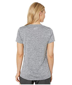 Under Armour Women's Tech V-Neck Twist Short Sleeve T-Shirt, Pitch Gray (012)/Metallic Silver, Large