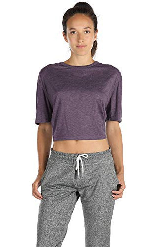 Image of icyzone Open Back Workout Top Shirts - Yoga t-Shirts Activewear Exercise Crop Tops for Women (XL, Plum Purple)