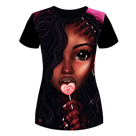 Image of Women's T-Shirts Black History Month Afro Word Art Natural Hair 3D Floral Print Casual Tops for Women Tees XXL