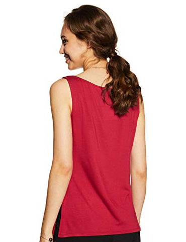 Image of Amazon Brand - Symbol Women's Solid Regular Fit Sleeveless T-Shirt (SYMSS19TS008_Deep Red_Small)