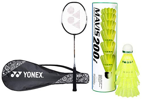 Image of YONEX ZR 100L Aluminium Strung Badminton Racquet with Full Cover - Black, & Mavis 200i Nylon Shuttle Cock, Pack of 6 (Yellow) Combo