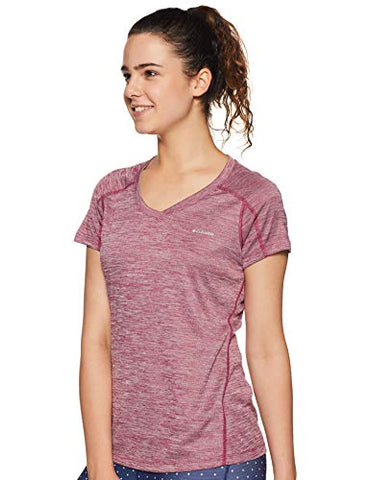 Image of Columbia Women's Plain Regular fit T-Shirt (AL6914_Bright Lavender Stripe M)