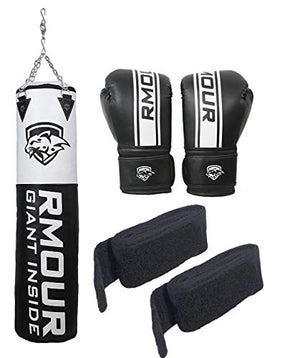 IWIN Our Unfilled White Black Heavy PU Punch Bag Boxing MMA Sparring Punching Training ick Boxing MuDay Thai with Hanging Chain, Boxing Gloves and Hand Wraps (3 Feet)