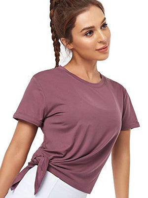 Cootry Side Split Tunic Tops for Women Short Sleeve Loose Yoga Workout Shirt Sport Gym T-Shirts Casual Tie Knot Tees for Spring Summer Brick Red