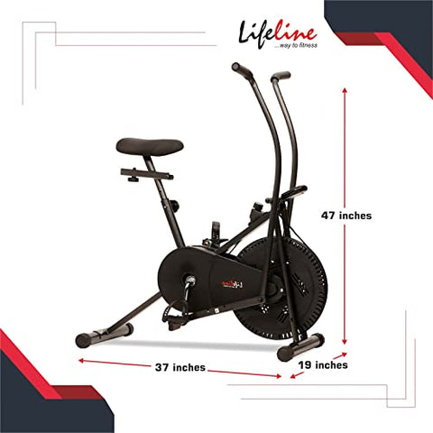 Image of Lifeline Fitness LE-103 Air Bike Exercise Indoor Cycle with Moving and Stationary Handles for Home Gym Workout with Vertically and Horizontally Adjustable Seat, Adjustable Resistance, LCD Display for Weight Loss at Home