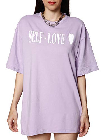 Image of BLANCD Women's Pure Cotton Casual Oversized Round Neck Slogan Print Self Love Short Sleeve Summer Tshirt (Lavender)