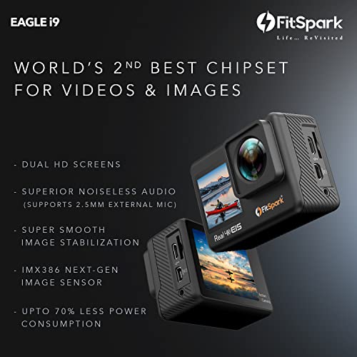 FitSpark Eagle i9 Dual Screen Real 4K WiFi Action Camera with Wind Noise Reduction | Ultra HD 170° Wide-Angle Lens | 6-Axis Gyro Stablization + EIS | 2.5mm External MIC Support | Smartwatch Remote