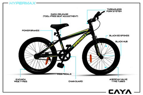 Image of CAYA Kids Hypermax Unisex 20 inches Wheel Size, Steel Frame 20 inches Bicycle with Dual Disc Brakes, Basket and Carrier Freeride Bicycle for Unisex (Black) Under 13 Years