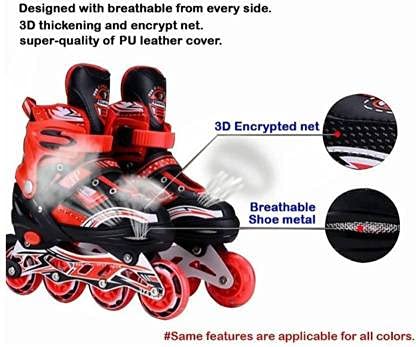 Image of KIZZIE INTERNATIONAL Inline Skates Size Adjustable All Pure PU Strong Wheels Aluminium with LED Flash Light on Wheels, Age Group 6-15 Years [Multi Color-Skating] (Inline Skate)