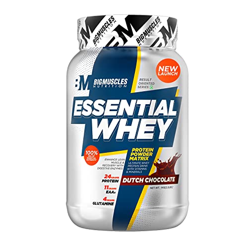 Bigmuscles Nutrition Essential Whey Protein 1Kg [Dutch Chocolate] | 24g Protein per serving with Digestive Enzymes, Vitamin & Minerals, No Added Sugar | Improved Strength , Faster Recovery & Muscle Building