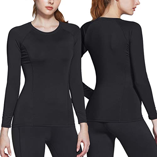 ATHLIO Women's Compression Active Long Sleeve T-Shirts Cool Dry Baselayer, 2pack(bfd21) - Black/Black, X-Large