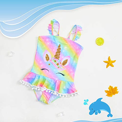 Image of MHJY Girl's One Piece Unicorn Mermaid Ruffle Beachwear Swimsuits with Pompoms (Rainbow, 5-6 Years/Height: 43.3"-47.2")