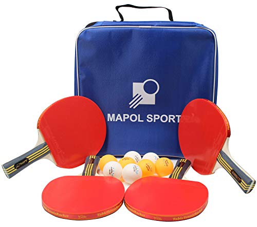 MAPOL Ping Pong Paddle Set - 4 Professional Table Tennis Rackets/Paddles - 8 Premium 3-Star Balls, Portable Cover Case Holder Included