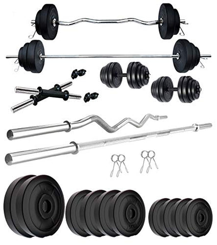 Image of Kore PVC 50 Kg Home Gym Set With One 5 Ft Plain + One 3 Ft Curl Rod And One Pair Dumbbell Rods, Multicolour