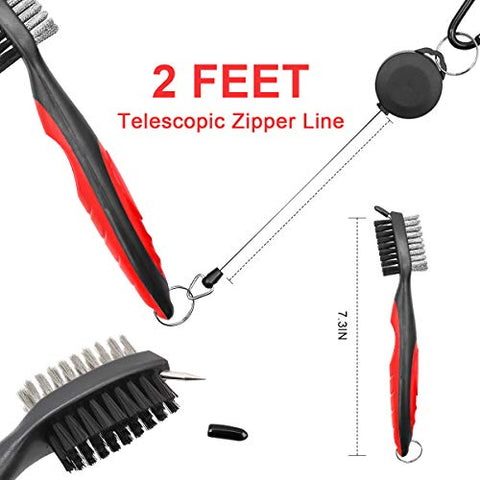 Image of Golf Club Cleaner Set,Golf Club Brush,Golf Club Groove Sharpener with 6 Heads,Foldable Golf Divot Repair Tools,Double-sided Cleaning Brush with 2 Ft Retractable Zip-line Aluminum Carabiner,3 Pack