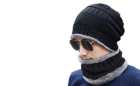 Image of HOSVIN Winter Knit Beanie Woolen Cap Hat Woolen Neck Warmer Scarf Set for Men & Women - Black
