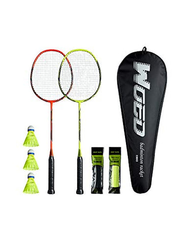 Image of WOED-2 Player Badminton Set, Carbon Fiber Badminton Rackets Badminton Racquet for Backyards Gym with 3 Shuttlecocks 2 Grip Tape and 1 Badminton Bag, Yellow Orange