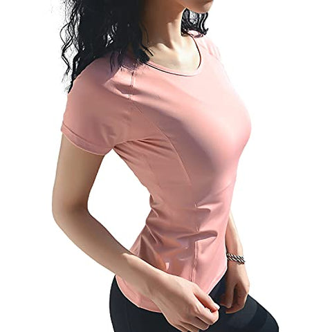 Image of Women Slim Yoga Shirts Short Sleeve Activewear Mesh Splicing Moisture Wicking Workout Running Tops (Light Pink Short, L)