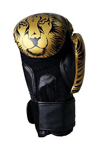 Aurion Molded Faux Leather Boxing Gloves for Muay Thai Kickboxing MMA Martial Arts Workout Grappling Dummy &Double End Ball Punching Boxing Gloves with Hand wrap 176 Inches (Golden / Black, 12 oz)