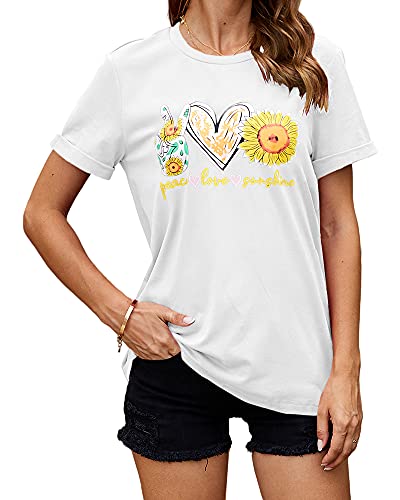 Ferrtye Womens Sunflower Print Graphic T Shirts Short Sleeve Novelty Summer Tops (White, Large)