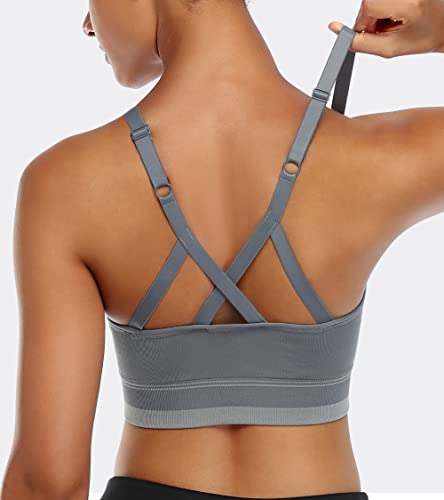 ANGOOL Women's Strappy Sports Bra with Adjustable Straps - Medium Support Longline Wirefree Activewear Bra,2 Pack,Black+Grey,Medium