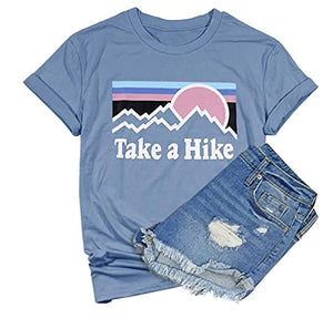 HDLTE Women Casual Tee Take A Hike Letters Printed Round Neck Short Sleeve T-Shirt (Blue, XL)