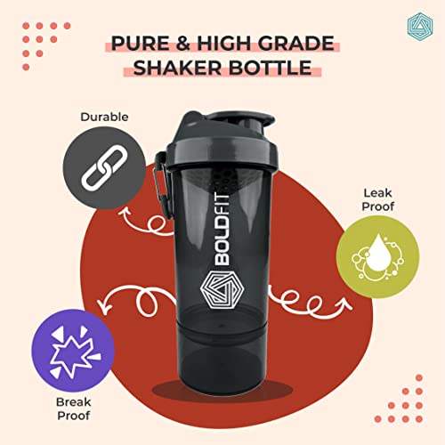 Boldfit Smart Shaker Bottles For BCAA & Pre-Post Workout Supplement Protein Shake Gym Sipper Bottle For Men & Women, BPA Free With Storage Compartment -600ml, Black