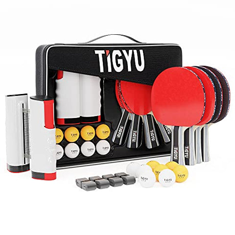 Image of Tigyu Ping Pong Paddle Set of 4 - Table Tennis Paddles - Ping Pong Net for Any Table - Table Tennis Balls - 4 Over Grips - Storage Case