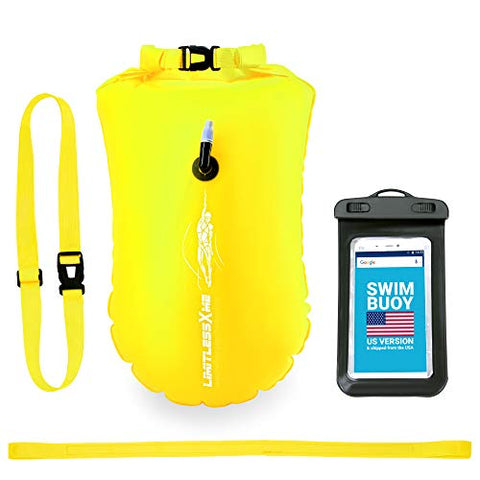 Image of LimitlessXme Swim Buoy & Drybag - Safety for Swimmers, Open Water and Triathlon. Pull Buoy for Adults and Kids. Yellow Signal Swimming Bubble