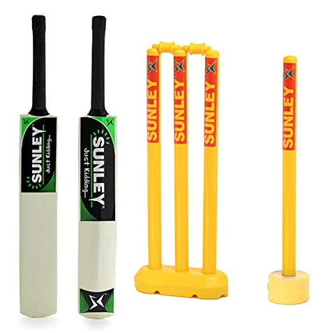 Image of Sunley Just Kidding Popular Willow Cricket Bat with 2 Wicket Set for Kids (Size 3, Age 6-8 Years Old Kids)