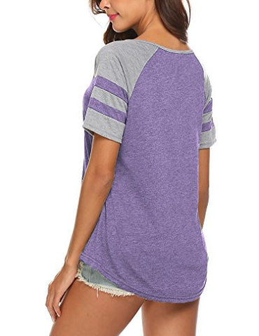 Image of Locryz Women's Summer V Neck Raglan Short Sleeve Shirts Casual Blouses Baseball Tshirts Top (XL, Purple)