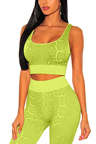 ioiom Women's Seamless Workout Outfits 2 Piece Set Yoga Sports Bra and Leggings Fitness Activewear Neon Yellow L
