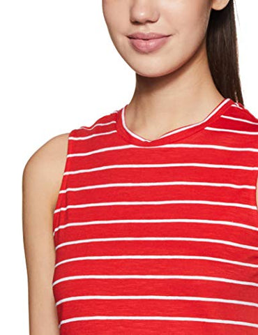 Image of Amazon Brand - Symbol Women's Striped Regular Fit Sleeveless Cotton T-Shirt (SYMAW19TS035B_Red_Large)