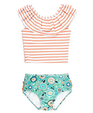 RuffleButts Girls Island Dream Coral Stripe Ruffled Tankini - 2T