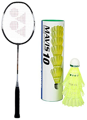 Yonex ZR 100 Light Aluminium Badminton Racquet with Full Cover | Made in India (Black)+Yonex Mavis 10 Nylon Shuttlecock, Yellow, Pack of 6 | Made in Japan (Green Cap)