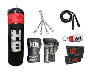 HB Hard Bodies Combo 10-A Synthetic Leather Black Punching Bag, Filled, Boxing Gloves, Heavy Chain