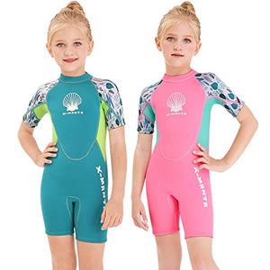 Wetsuit Kids Shorty Neoprene Thermal Diving Swimsuit 2.5MM for Girls Boys Child Teen Youth Toddler, One Piece Children Rash Guard Swimming Suit UV Protection Sunsuit for Surfing (Girl Green, L)