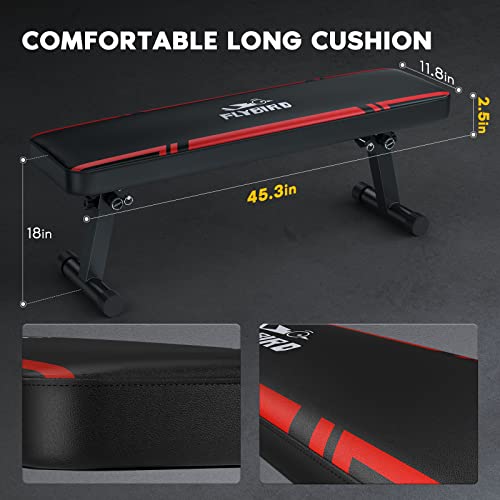 FLYBIRD Flat Weight Bench Exercise Bench Foldable for Strength Training, 650 LBS Weight Capacity